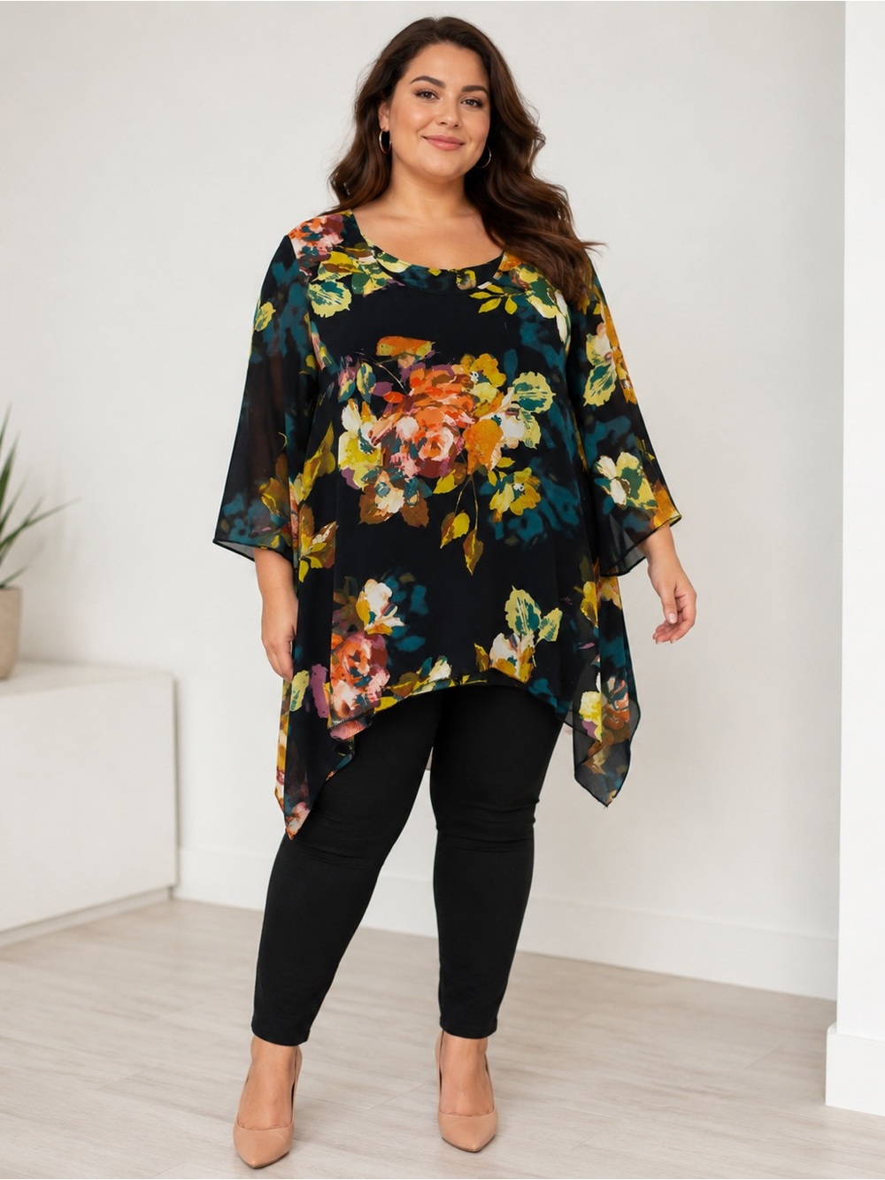 Unique Spectrum Black Floral Chiffon Tunic with Teal and Mustard Accents